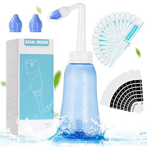 URAQT Neti Pot, Lavaggio Nasale da 300ML Irrigazione Nasale con 20 Pacchetto di Sale e 10 Termometro, Irrigazione Nasale Kit Lavaggio Naso e Seno Pulizia Nasale per Adulti e Bambini