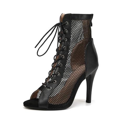 SWDZM Stivali da Ballo Latino Americano Donna con Punta Aperta Maglia Salsa Tango Bachata,Nero,Tacco 9.5cm,Suola in Gomma,38EU