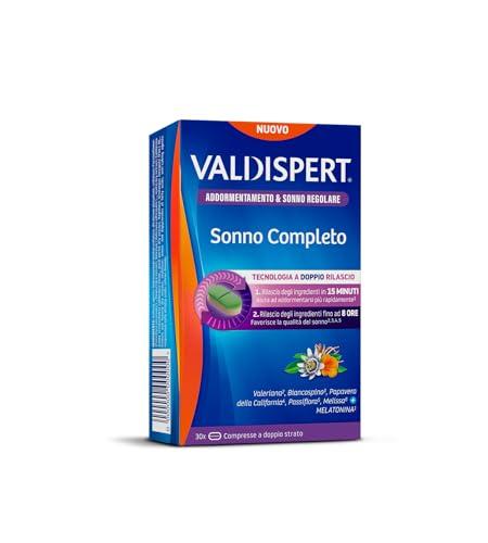 Valdispert Sonno Completo, 30 Compresse per l'Addormentamento e il Sonno Regolare con Melatonina, Valeriana, Passiflora, Biancospino e Papavero della California, Senza Glutine e Senza Lattosio