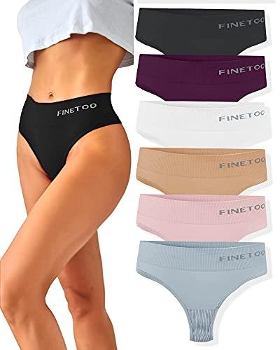 FINETOO 6er-Pack String Tangas Damen Bauchkontrolle Strings Set Atmungsaktiv Thong Frauen Unterhosen Hoher Taille Unterwäsche Weich Panties Mehrpack S-XL