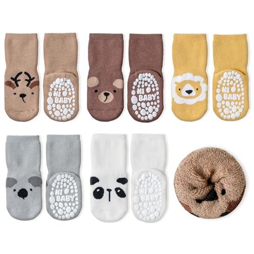 SockWaddles calzini antiscivolo bambino, 5 paia calze termiche bambino con animali carini. Calzini termici bambino invernali per bimbi 1-3 anni.