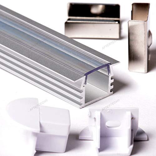 Aftertech® 2m 2metri 2212 22x12mm PROFILO ALLUMINIO DA INCASSO PER STRISCE STRIP LED BARRA RIGIDA 2MT + COVER TRASPARENTE