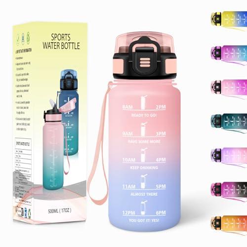 Borraccia, 500ML Con Paglia, Borraccia Bambini, Senza BPA, Borracce con Cannuccia, Bottiglia d'acqua Motivazionale con Indicatore del Tempo, Bottiglia Acqua per Scuola, Sport, Yoga - Rosa&Azzurro