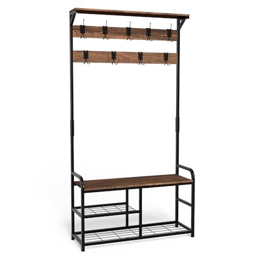 VOUNOT® Stand Appendiabiti da Terra con Panca Scarpiera a 3 Ripiani, Attaccapanni Autoportante Mobile Ingresso Corridoio 9 Ganci Rimovibili, Design Moderno Industriale 85x33x185cm