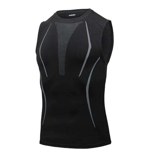 AMZSPORT Canotta Compressione Uomo, Maglia Senza Maniche Aasciugatura Rapida per Bodybuilding Palestra Running, Nero S