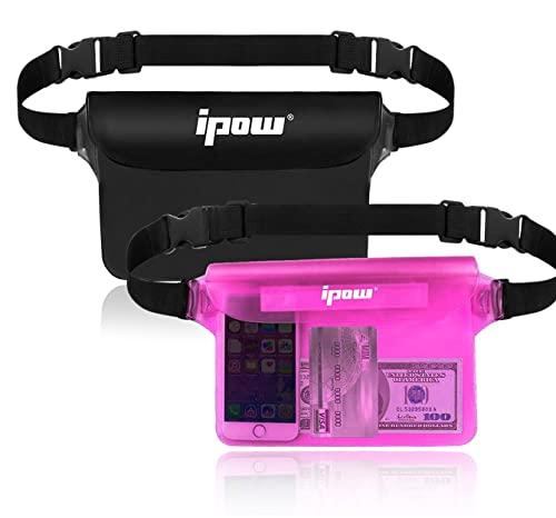ipow 2 PZ Borsa Impermeabile, Custodia Universale, Marsupio Chiusura a 3 Zip Super Protezione Certificato IPX8 con Cintura Regolabile per Documento, Cellulare, Mare, Nero + Rosa