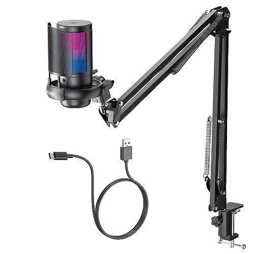 COCONISE Micrófono Gaming RGB, Microfono pastilla cardioide para PC Mac PS4 PS5, Mute Touch, Equipado con conector para auriculares, Perilla para ajustar el volumen,Filtro Anti-Pop