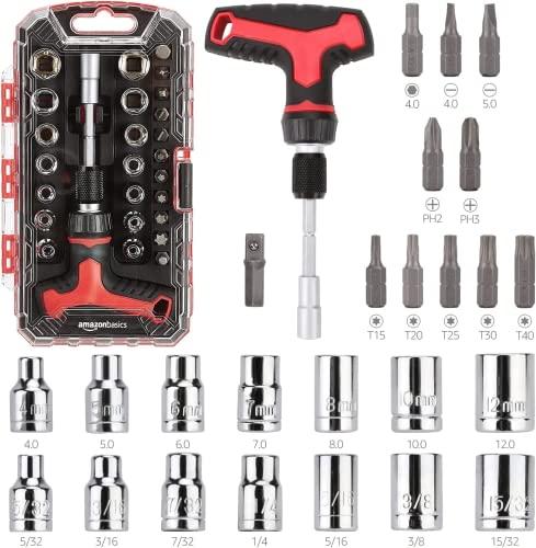 Amazon Basics Set di chiave a cricchetto e cacciavite magnetici con impugnatura a T