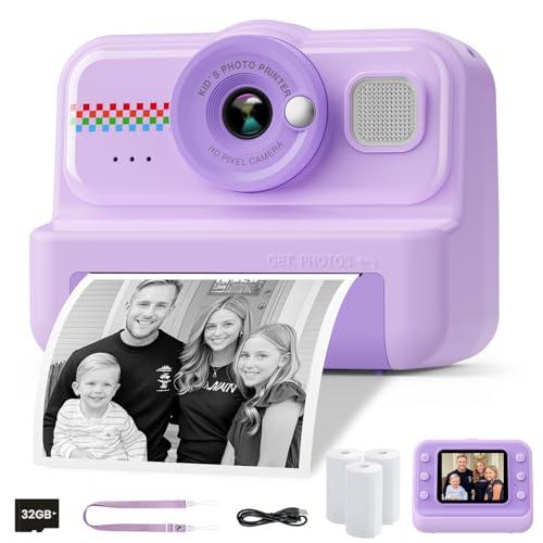 HiMont Macchina Fotografica Bambini Istantanea, fotocamera istantanea per bambini 1080P con scheda da 32 GB e 3 rotoli di carta da stampa, Regalo per Bambini dai 3-14