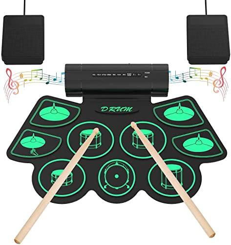 Batteria Elettronica Kit, Uverbon Roll Up Drum Pad per Batteria Elettronica Set 9 pad per Batteria in Silicone Altoparlante Stereo Integrato con 2 Pedali per Bambini e Principianti
