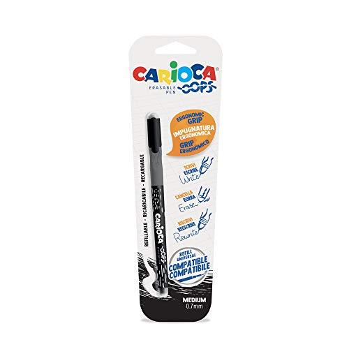 CARIOCA Oops Penna Nera, Penna Cancellabile Ricaricabile per Scuola e Ufficio con Cappuccio, Doppia Gomma e Impugnatura Ergonomica, Colore Nero, 1 Pezzo