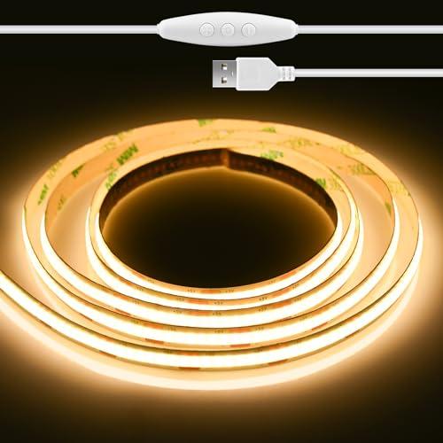 Oumida 2 Metri Striscia LED COB 5V USB, 3000K Bianco Caldo 640LED CRI92+ Dimmerabili Strisce Luce LED Flessibile per Retroilluminazione TV, Cucina, Camera da Letto,Soggiorno, Fai da Te