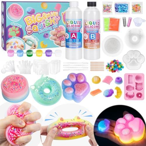 Highttoy Kit Squishy Grandi Silicone Liquido Luminosi Fai Da Te, 480ml Rapporto 1:1 AB Squishy Gomma Siliconica con 9 Stampi e Accessori, Giochi Sensoriali Antistress, Regali Bambini 6+ Anni