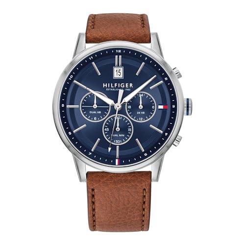 Tommy Hilfiger Orologio Multifunzionale da Uomo in Quarzo da 44 mm - Cinturino in Pelle Marrone Chiaro, Quadrante Blu Navy, 3 Sotto-Quadranti, Resistente all'Acqua 5ATM - 1791629