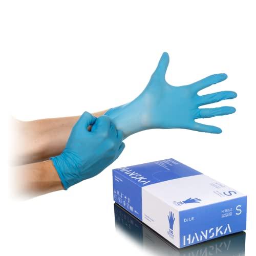 HANSKA 100 Guanti Monouso Nitrile Blu - Senza Polvere - Usa e Getta- Ambidestri - Non Sterili - Base di Gomma - Adatti per Ambiti Medici, Manipolazione degli Alimenti (100, S)