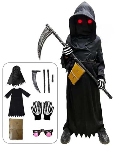 Tosekry Costume Halloween Bambino con Death Notebook, Tuta, Cappuccio, Occhiali Fosforescenti, Falce e Guanti (9-10 Anni)