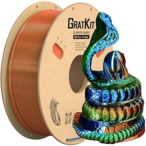 GratKit Filamento di Seta Tricolore PLA 1.75mm, Filamento per stampante 3D FDM 1KG(2,2 libbre), Precisione Dimensionale +/- 0,03 mm, Silk PLA Arancio Blu E Verde