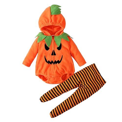 Halloween Set Neonato Pagliaccetto con Cappuccio Manica Lunga Zucca Pantaloni con Piedi A Righe Abbigliamento Autunno Primavera Morbido in Cotone per Bambino Bambina 0-24 Mesi (L-Orange, 6-12 Months)