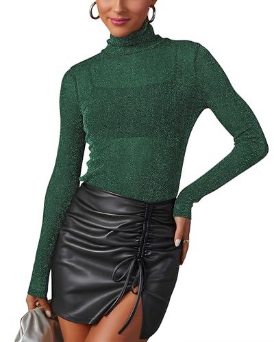 Donna Top in Maglia Trasparente con Glitter T-shirt Trasparente Manica Lunga Sexy Top, verde scuro, M
