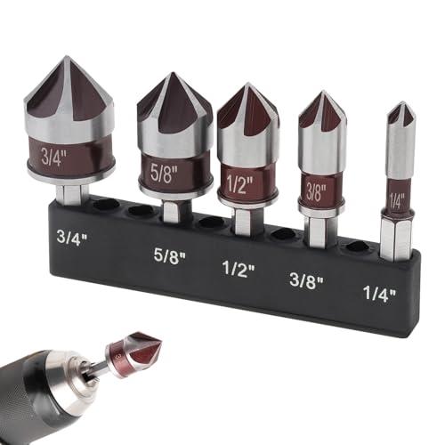5 Pezzi Svasatore per Legno Set, Svasatura a 82°, Acciaio per Cuscinetti, Attacco Esagonale da 1/4 in, Tagliente a 5 Lame, per Forare Rame, Alluminio, Legno, Plastica (Rosso, argento)