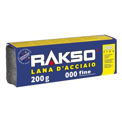 RAKSO Paglietta Acciaio fine 000, 200g, 1 Fascia, levigature intermedie su smalti e gommalacca, eliminare veli di ruggine da superfici in cromo, applicare olio e cera su superfici in legno