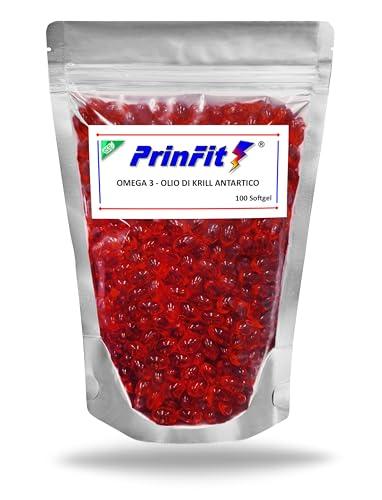 Olio di Krill Omega 3 Puro PrinFit - Ricco di Omega-3 EPA e DHA | Fonte di Fosfolipidi Marini e Astaxantina | Krill Oil 100% Naturale- Senza Retrogusto | 100 Capsule molli (softgels)