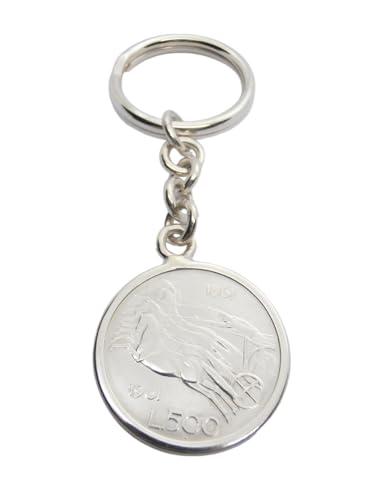 Portachiavi in Argento 925 con 500 Lire d'Argento serie Quadriga - Centenario - moneta -