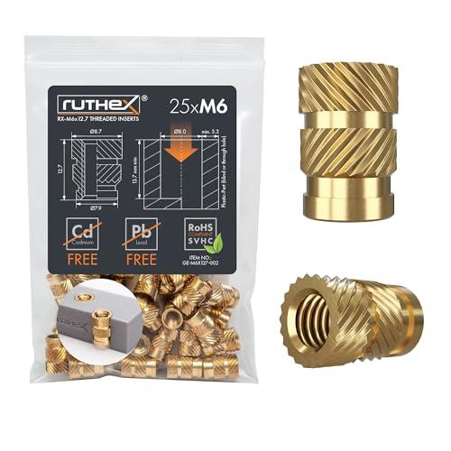 ruthex Inserto filettato M6-25 pezzi RX-M6x12.7- Boccola filettata in ottone- dado di inserimento per parti in plastica - utilizzabile in parti in plastica stampate in 3D tramite calore o ultrasuoni