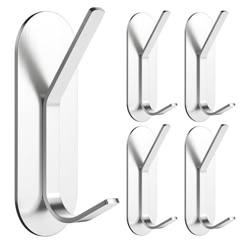 Alyvisun 5 Pezzi Ganci Adesivi, Forti Appendi Accappatoio Bagno in Acciaio Inox, Gancio Appendiabiti a Parete Senza Forare, Ganci Appendini Adesivi per Bagno, Cucina, Ufficio (Argento)