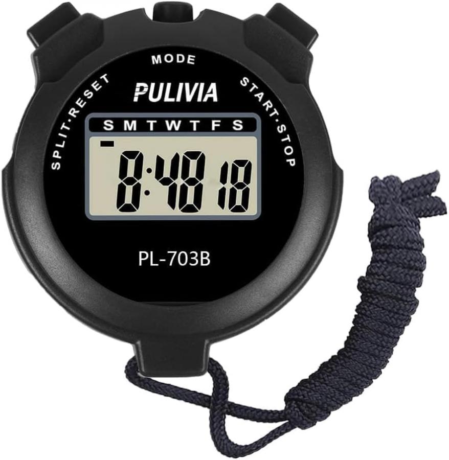 PULIVIA Cronometro Sportivo con Orologio, Calendario, 12/24 Ore con Allarme, Ampio Display, Adatto per Allenamento Sportivo, Attrezzatura per Allenatori, Nera
