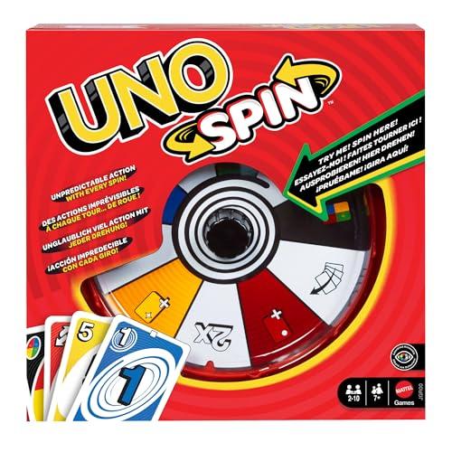 Mattel Games - UNO Spin, versione dell'iconico gioco con spinner e nuove regole, carte speciali per girare la ruota con diversi comandi, per serate di gioco, 7+ anni, JGR00