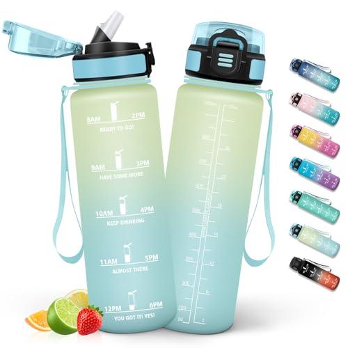 HoneyHolly Borraccia Palestra 1 Litro con Orari per Bere, Borraccia Motivazionale senza BPA, Borracce con Cannuccia, Bottiglia Acqua per Ufficio, Trekking