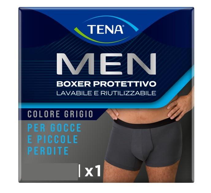 TENA Men Boxer Protettivi Lavabili e Riutilizzabili, Studiati per Gocce e Perdite Urinarie Leggere, Boxer Assorbenti per Uomo a Rapido Assorbimento, Colore Grigio, Taglia XXL