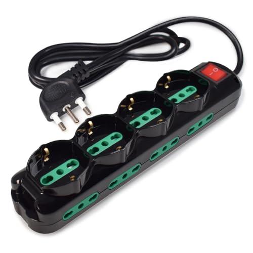 Tecnoware Power Systems - Multipresa Power Cleaner 12 | 4 Uscite Schuko/Italia | 8 Uscite Italia 10/16A | Interruttore Luminoso | Protezione Bambini | Cavo 1,5m | Ingresso Italia 16A 90°, Nero