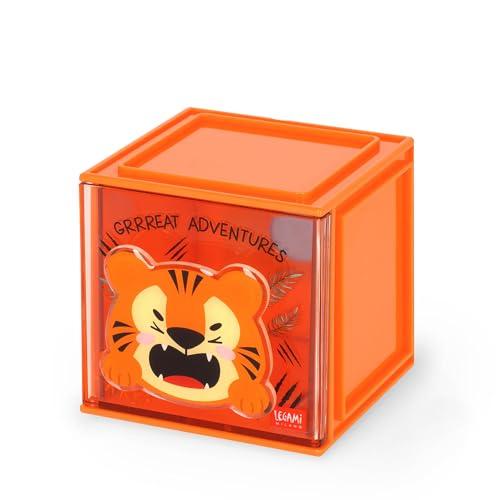 Legami - Box Componibile da Scrivania Cutie Cubes, Tema Tiger, Organiser da Scrivania, Portaoggetti, Foglio di Adesivi incluso, Impilabile, Multifunzionale, in ABS, 90 x 90 x 100 cm