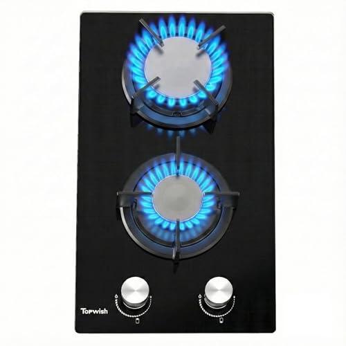 TOPWISH piano cottura 2 fuochi gas incasso, piano cottura gas 2 fuochi, con protezione flame-out, accensione automatica, NG/LPG convertibile, 30cm, 4750W