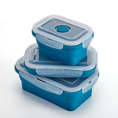 Muitomas, Set Porta Pranzo in Silicone Pieghevoli per Alimenti, 3 Dimensioni, Colore Blu Ottanio