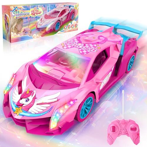 Unicorno Macchina Telecomandata Bambini con Luci Multicolore, Unicorno Regalo Giochi Bambina 3 4 5 6 7 8 9 Anni, 2,4GHz RC Drift Car Gioco Giocattoli Bimba 3-12 Anni Femmina Natale Compleanno Regali