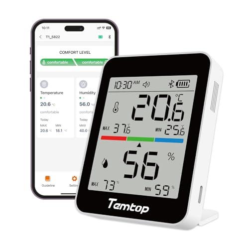 Temtop Misuratore di Umidità Termometro Digitale per Interni per la Temperatura Ambiente Igrometro Bluetooth con Avvisi di Notifica, Esportazione Dati per Casa Ufficio Garage Asilo Nido per Bambini T1