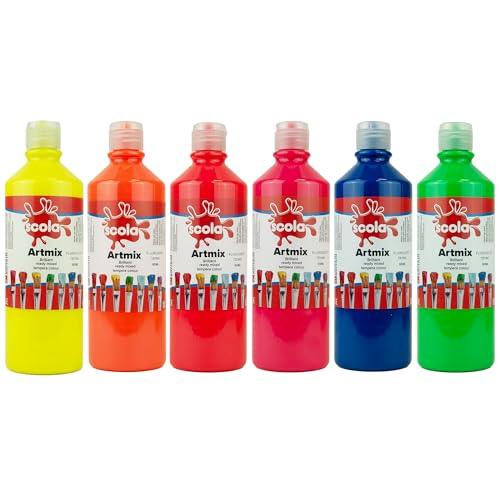Scolaquip Artmix Tempera, Materiali Artistici Educativi per Bambini, 6 x 600ml, Colori Fluo Assortiti