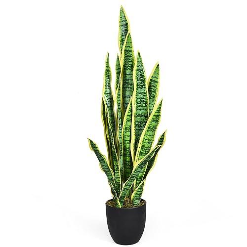 COSTWAY Pianta Artificiale da 90 cm, Sansevieria Finta con 20 Foglie e Vaso, Pianta Artificiale per Salotto, Camera da Letto e Balcone