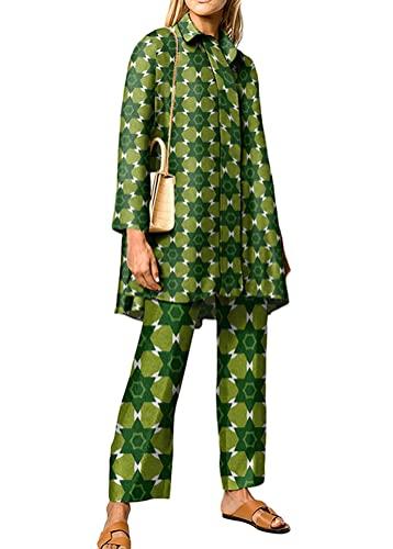 ORANDESIGNE Donna Abito Stampato Completo Due Pezzi Moda Camicie con Bottoni e Pantaloni a Gamba Larga con Elastico in Vita Set 2 Pezzi Tuta Abbigliamento Casa Strada A Verde 03 XL
