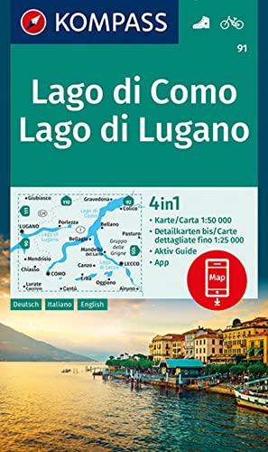 Carta escursionistica n. 91. Lago di Como, Lago di Lugano, 1:50.000. Ediz. italiana, tedesca e inglese: 4in1 Wanderkarte 1:50 000 mit Aktiv Guide und ... Verwendung in der KOMPASS-App. Fahrradfahren