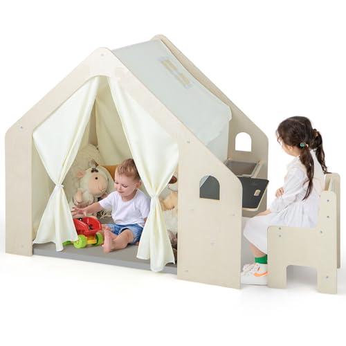 COSTWAY 6 in 1 Tenda per Bambini in Legno, Tenda Casetta da Gioco con Tavolo e Sedia, con Tappetino Lavagna e 6 Scatole Portaghiochi, Capanna per Bambini (Grigio 98 x 131 x 113 cm)