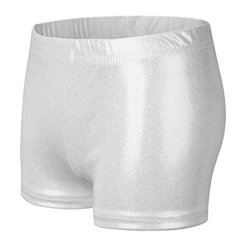 NewL Bambini Ragazza Elastico in Vita Lucido Metallico Balletto Danza Shorts Bottoms per Sport Yoga Ginnastica Allenamento (Bianco, 9-10 Years)