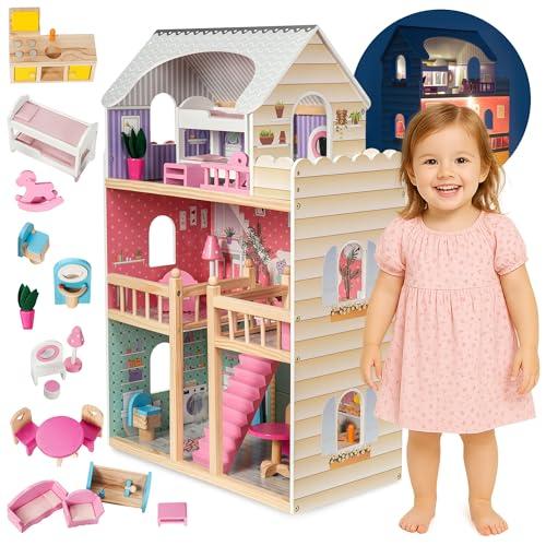 mamabrum Casa delle Bambole in Legno XXL – 3 Piani con LED e Mobili Inclusi – Casa Bambole 90x60x30 cm – Design Pastello Sicuro ed Educativo – Giocattolo per Bambine dai 3 Anni
