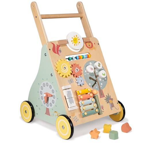 Girello per Bambini di Legno, Carrello Primi Passi Legno con 8 Giochi Interattivi, Giocattoli Bambino 1 Anno, Primi Passi per Bambini, Baby Walker Regali di Natale e Compleanno