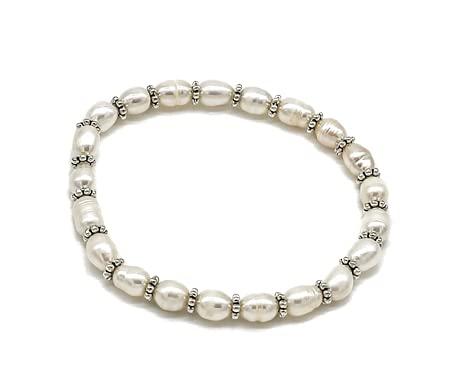 Bracciale Perla di Fiume Lunga Donna con Separatori, Elastico 19 cm, Fatto a Mano, Pietre Dure Naturali