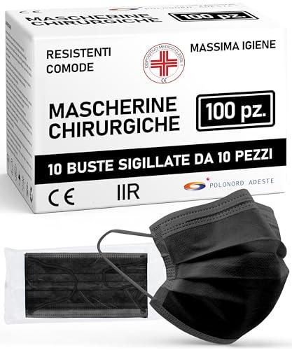ADESTE – Mascherine Chirurgiche, Potere Filtrante 98%, Mascherina Chirurgica Filtrante Monouso di Tipo IIR a 3 Strati, Dispositivo Medico di Classe I, Confezione da 100, Colore Nero