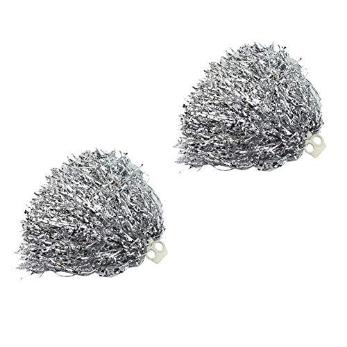 2 pompon cheerleader lucidi in lamina metallica, pompon cheerleader, pompon a mano cheerleader con anello in plastica, per squadra sportiva, fantasma, tifo (argento)